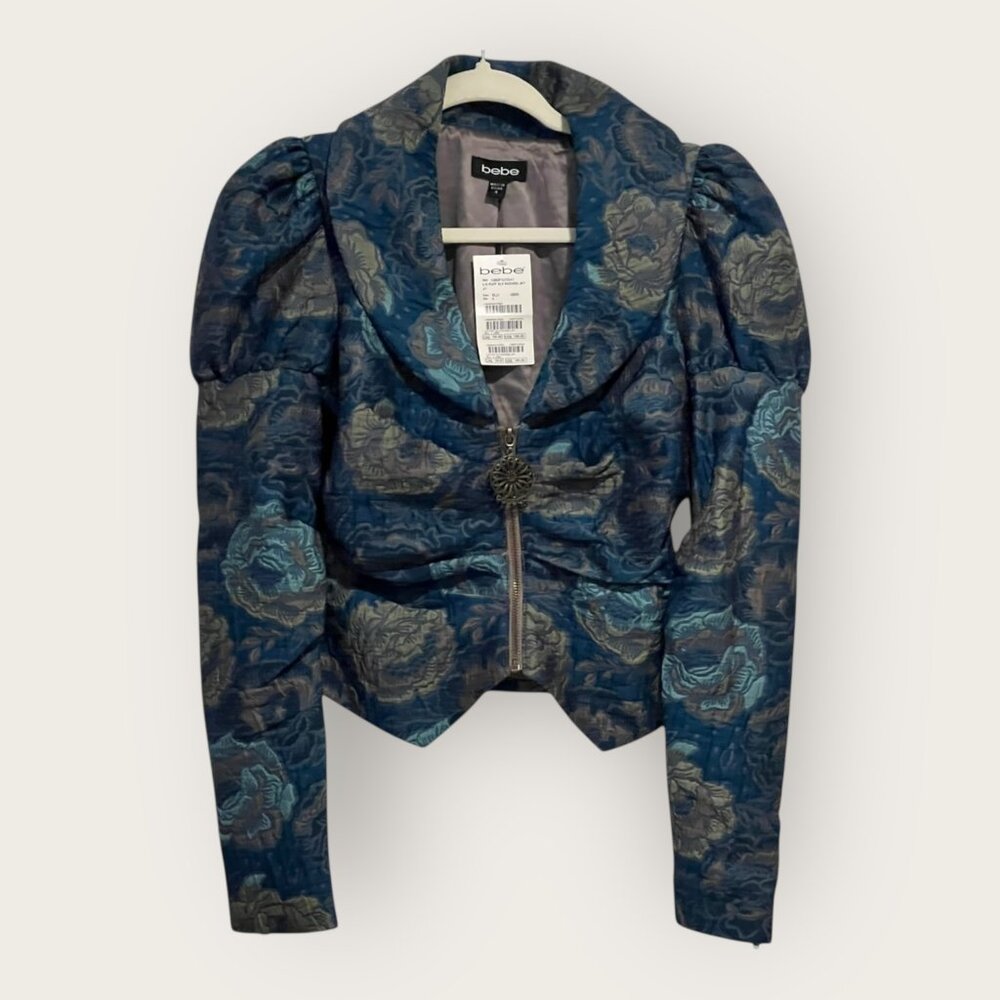 NWT: RARE BEBE Puff Sleeved Ruched Victorian Tapestry Jacket, SZ: 4
